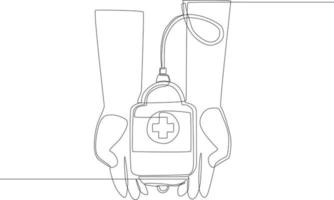 Manos de dibujo de una sola línea continua sosteniendo una bolsa de sangre para transfusión. ilustración de vector de diseño gráfico de dibujo de una línea.