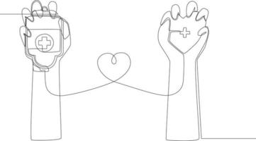 Single continuous line drawing The right hand holds the blood transfusion bag to the left hand holds the heart.  One line draw graphic design vector illustration.