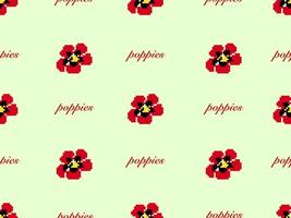 Poppies cartoon character seamless pattern on green background.Pixel style vector