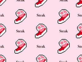 Steak cartoon character seamless pattern on pink background.Pixel style vector