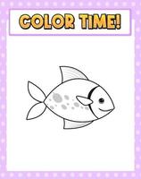 Worksheets template with color time text fish outline vector