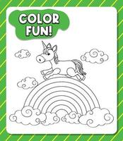 Worksheets template with color time text and Unicorn outline vector