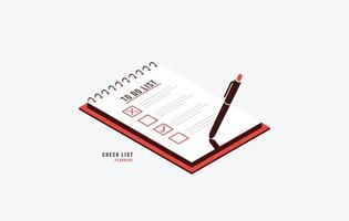 papel de lista de verificación con lápiz en el diseño isométrico del portapapeles. completado para hacer el concepto de lista, finalización exitosa de tareas comerciales ilustración vectorial vector