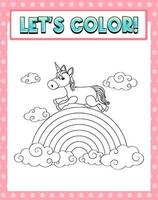 Worksheets template with color time text and Unicorn outline vector