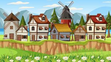 Medieval town scene with villagers vector