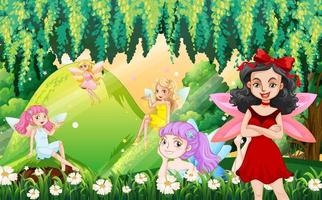 Fantastic forest scene with beautiful fairies vector