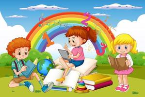 A children are reading books on a stack of books in garden scene vector