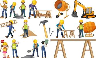 Set of construction site objects and workers vector