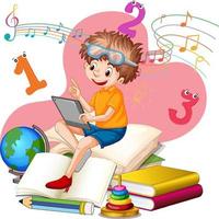 A boy reading books on a stack of books vector