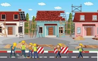 sitio de construcción de edificios con trabajadores vector