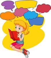 plantilla de burbuja de voz con libro de lectura de niña vector