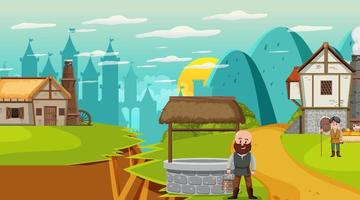 Medieval town cartoon scene with villagers vector