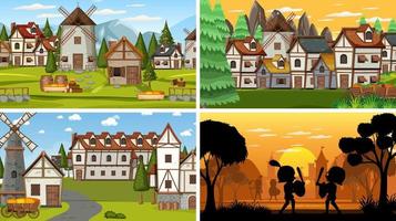 Set of different scene medieval with silhouette vector