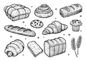 Set of breads illustration. Bakery pastry products hand drawn sketch isolated on white vector