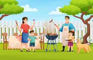 Happy family enjoying a barbecue grill party outdoors cartoon illustration vector