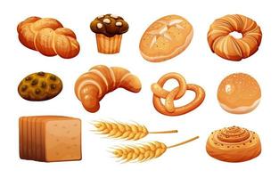conjunto de varios panes. panadería productos de pastelería dibujos animados vectoriales aislados en blanco vector