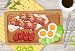 Top view of breakfast on wooden tray vector