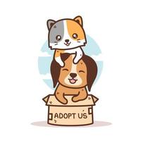 cute kitten and puppy in the box vector