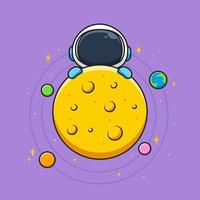 cute astronaut behind moon and planets vector