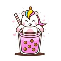 cute little unicorn with cute bubble drink vector