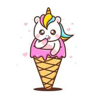 lindo pequeño unicornio con lindo helado vector