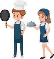 Male and female chef in blue apron vector