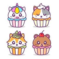 grupo de lindos animales coloridos cupcake vector