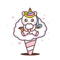 cute little  unicorn sitting while eating cotton candy vector