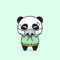 cute panda getting sick with medical mask vector