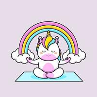 lindo unicornio hacer meditación con fondo de arco iris vector