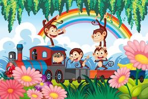 Happy monkeys riding on the train vector