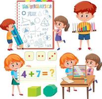 Math classroom objects with supplies and students vector