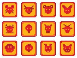12 shio zodiaco chino signo emblema conjunto pixel art animal cabeza vector ilustración