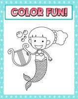 Worksheets template with color fun text and mermaid outline vector