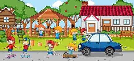 Outdoor scene with doodle house cartoon vector