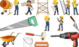 Set of construction site objects and workers vector