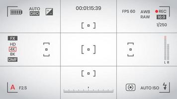 Camera viewfinder video or photo frame recorder flat style design vector illustration. Digital camera viewfinder with exposure settings and focusing grid template.