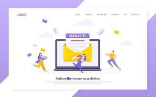 Subscribe now to our newsletter vector illustration with tiny people working with laptop, envelope and newsletter.