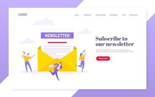 Subscribe now to our newsletter vector illustration with tiny people working with envelope and newsletter.