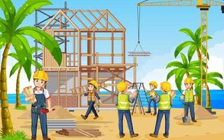 Building construction site with workers vector