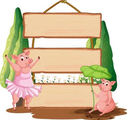 Blank wooden signboard with pig cartoon