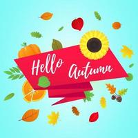 hola otoño vector banner o poster gradiente estilo plano diseño vector ilustración. enorme cinta roja con texto, hojas de colores, calabaza, girasol, pastel y maíz aislado en un fondo divertido.