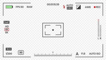 Ilustración de vector de diseño de estilo plano de grabadora de marco de foto o video de visor de cámara. visor de cámara digital con ajustes de exposición y plantilla de cuadrícula de enfoque.