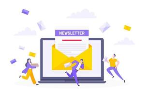 Subscribe now to our newsletter vector illustration with tiny people working with laptop, envelope and newsletter.