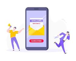 Subscribe now to our newsletter vector illustration with tiny people working with smartphone, envelope and newsletter.