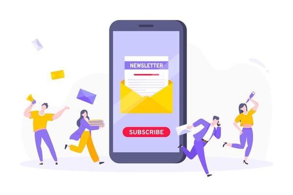 Subscribe now to our newsletter vector illustration with tiny people working with smartphone