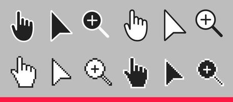 flecha en blanco y negro, mano y lupa iconos de cursor de ratón sin píxeles conjunto de ilustraciones vectoriales. vector