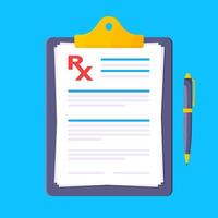 Medical rx form prescription on clipboard flat style design vector illustration.