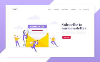 Subscribe now to our newsletter vector illustration with tiny people working with envelope and newsletter.