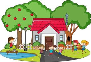 Many children playing in front of the house vector